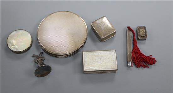 A 19th century white metal and mother of pearl snuff box, a silver compact and five other items including silver stamp case.